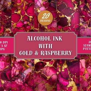 May include: 20 digital paper designs featuring alcohol ink in shades of gold and raspberry. Each design is 12 inches by 12 inches and 300 DPI.