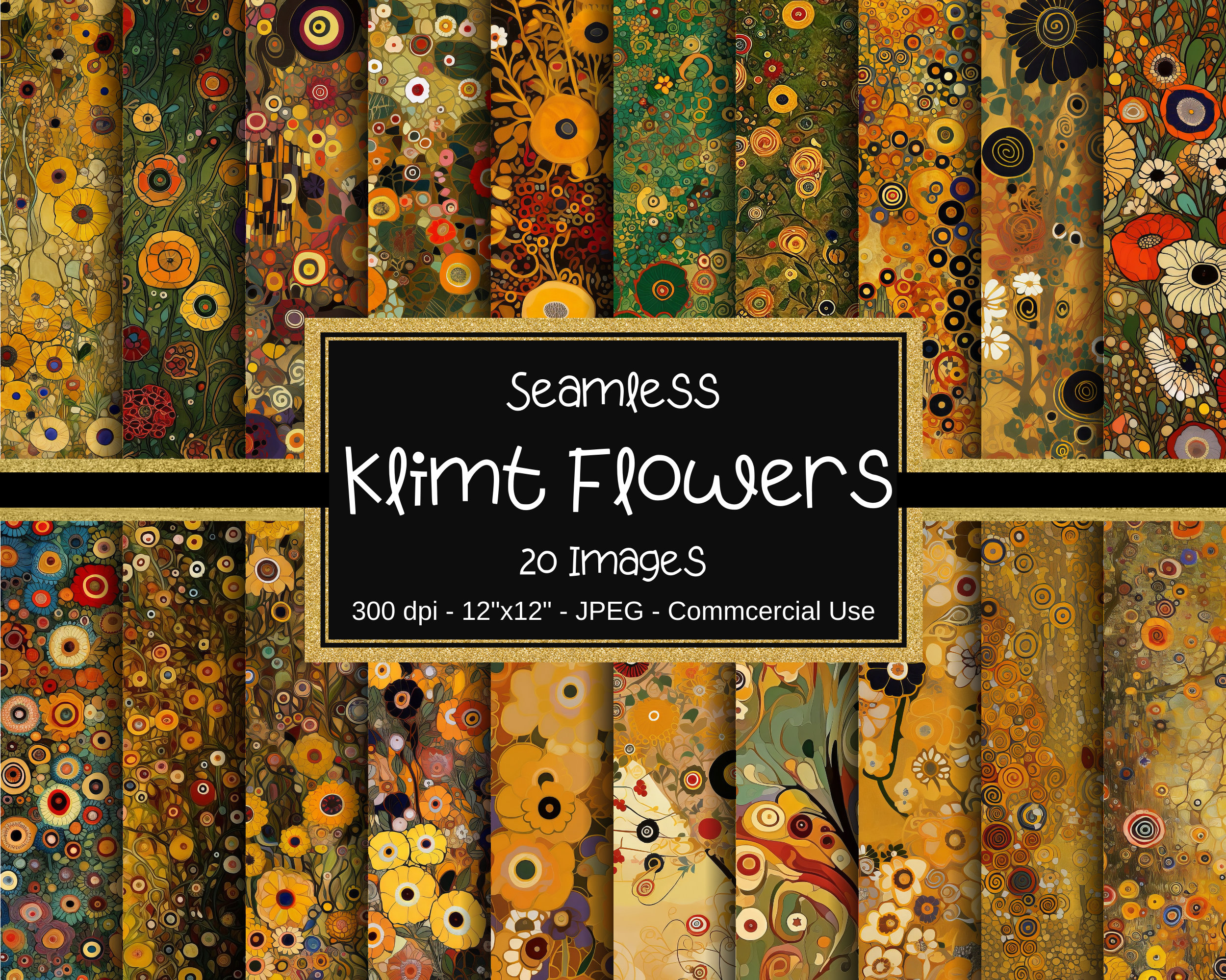 Gustav Klimt Inspired Flowers Seamless Pattern, Flowers Klimt Digital ...