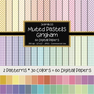 Gingham Pattern Seamless Digital Paper, Muted Pastel Colors & White, Scrapbook Pages, Backgrounds Commercial Use, 12&quot;x12&quot;, 60 Papers,Pastels