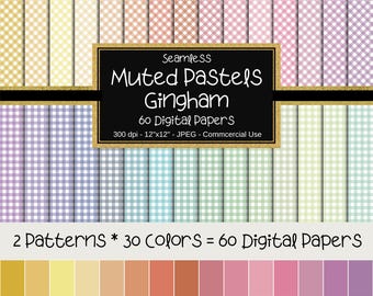 Gingham Pattern Seamless Digital Paper, Muted Pastel Colors & White, Scrapbook Pages, Backgrounds Commercial Use, 12"x12", 60 Papers,Pastels