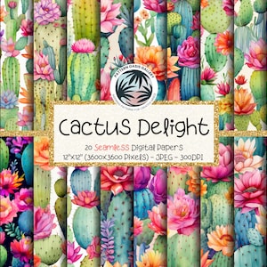 Cactus Delight Seamless Patterns, Watercolor Cactus Digital Paper, 12"x12", 20 Designs, Floral Cactus Sublimation, Commercial Use