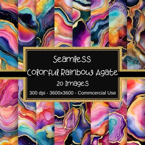 May include: 20 seamless digital paper patterns featuring colorful rainbow agate with gold accents. Each pattern is 3600x3600 pixels and 300 dpi.  Commercial use.