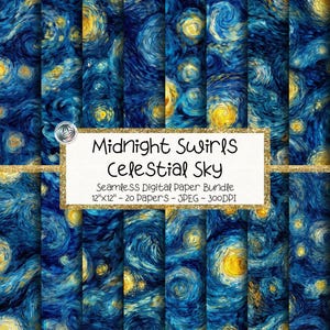 May include: A digital paper bundle featuring a seamless design of swirling blue and yellow celestial patterns, reminiscent of a starry night sky. The text on the image reads "Midnight Swirls Celestial Sky" and "12"x12" - 20 Papers - JPEG - 300DPI".