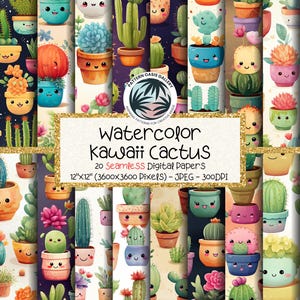 Kawaii Cactus Seamless Paper, Cartoon Plant Pot Background (Digital Download)