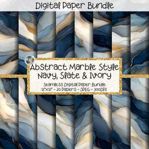 Op de afbeelding: Een digitale papierbundel met abstracte marmerstijl ontwerpen in marine, leisteen en ivoor. De naadloze papieren zijn 30,48 cm x 30,48 cm en bevatten 20 JPEG-bestanden met 300 DPI. De afbeelding toont verschillende patronen met gouden accenten.