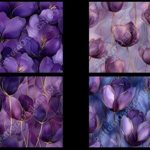May include: Four images showcasing a floral pattern of purple tulips with gold outlines. The tulips have a watercolor effect, with varying shades of purple and gold. The background is a mix of purple and blue hues.