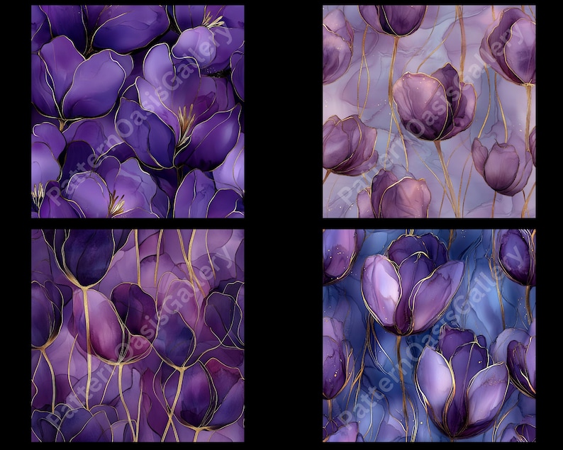 May include: Four images showcasing a floral pattern of purple tulips with gold outlines. The tulips have a watercolor effect, with varying shades of purple and gold. The background is a mix of purple and blue hues.