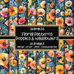 Seamless Floral Pattern, Watercolor Vibrant Rich Garden Flowers, Poppies and Wildflowers, Seamless Floral Digital Paper, 20 JPGs, 12&quot;x 12&quot;