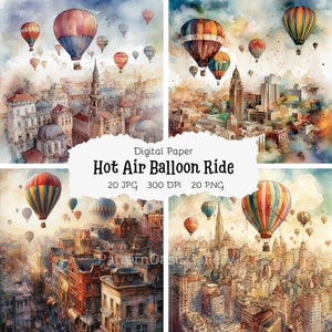 20 Hot Air Balloons Clipart, Balloon Ride, Watercolor Balloons, Printable Watercolor Clipart, High Quality JPGs & PNGs, Paper Craft, #4