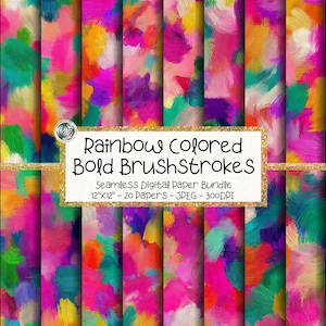 Abstract Rainbow Brushstrokes Digital Paper Bundle, Seamless Painterly Texture, Bold Style, 12x12 (Digital Download)