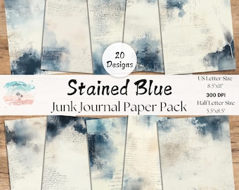 Niebieskie strony dziennika kolażowego, pełne i połówkowe strony, granatowa tekstura papieru cyfrowego, arkusze w stylu grunge, scrapbooking, pamiątki vintage, zniszczone