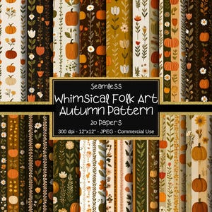 Puede incluir: Un conjunto de 20 papeles digitales sin costuras con un patrón otoñal de arte popular caprichoso. Los diseños presentan calabazas, flores y follaje en tonos naranja, marrón y crema. Cada papel mide 30.48 cm x 30.48 cm.