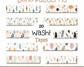 Boho Washi Tape Clipart Set, Neutral Botanical Patterns, Digital Planner PNGs (Digital Download)