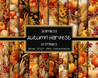 Watercolor Fall Seamless Patterns, Thanksgiving Digital Papers, Autumn Pumpkin Digital Paper, 20 Designs, 12"x12",Autumn Harvest,Fall Season