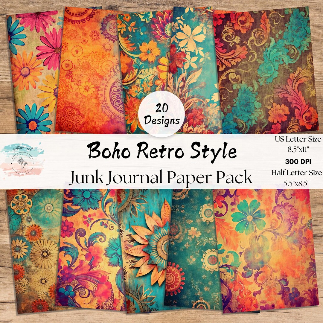 Boho Retro Junk Journal Pages, Grunge Digital Paper, Decoupage ...