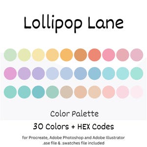 Puede incluir: Paleta de colores Lollipop Lane con 30 colores mostrados en círculos. Los colores son tonos pastel de verde, amarillo, naranja, rosa, azul y beige. El texto "30 colores + códigos HEX" está debajo de la paleta de colores.