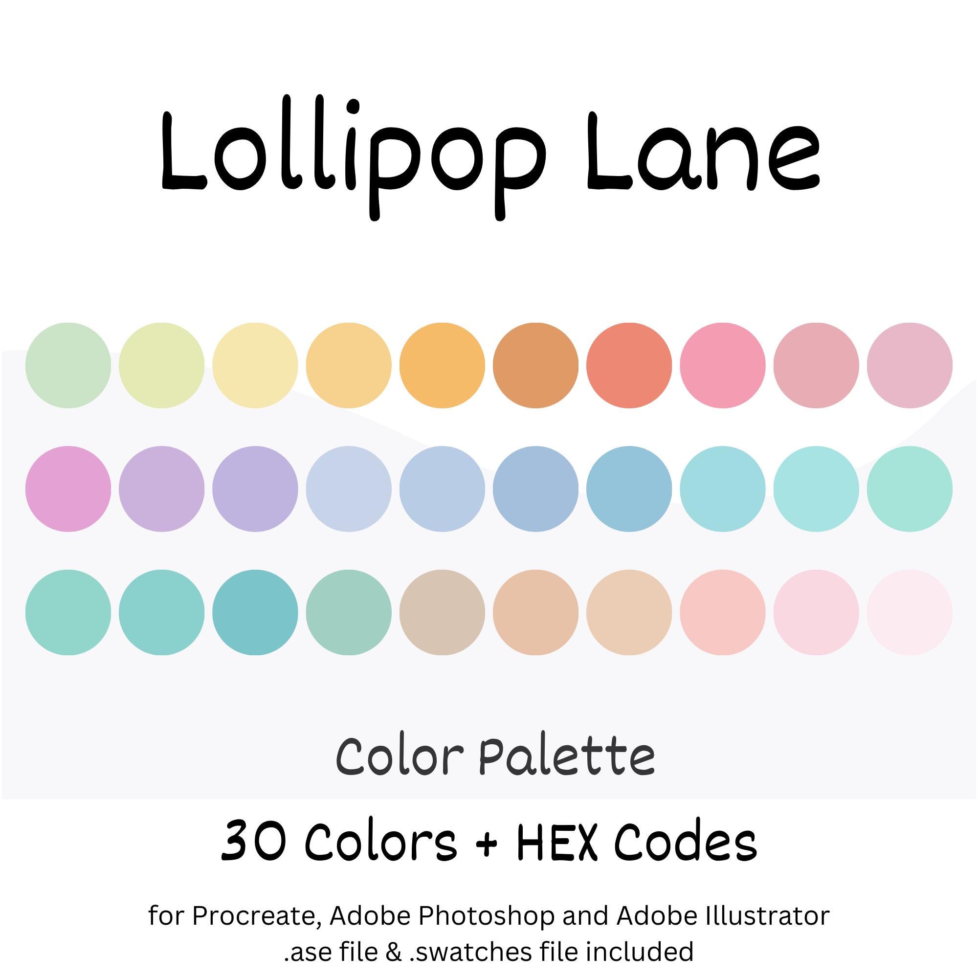 Paleta de colores pastel Lollipop Lane para Procreate, Photoshop e Illustrator con códigos HEX