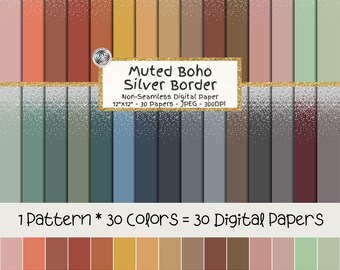 Muted Boho Silver Border Digital Paper Bundle, Glitter Edge Backgrounds, 30 Colors (Digital Download)