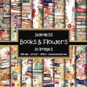 Peut inclure: Un ensemble de 20 motifs numériques sans couture représentant des illustrations aquarellées de livres et de fleurs. Les motifs mesurent 30,5 cm sur 30,5 cm et ont une résolution de 300 dpi. Ils sont parfaits pour le scrapbooking, la fabrication de cartes et autres projets d'artisanat.