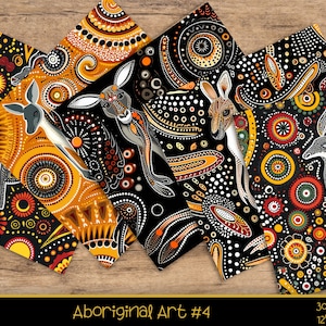 Puede incluir: Conjunto de seis dise&ntilde;os de papel digital con patrones de arte aborigen en negro, blanco, amarillo, rojo y verde. Los patrones incluyen c&iacute;rculos, puntos y l&iacute;neas, y presentan canguros y otros animales. Los papeles miden 30,5 cm por 30,5 cm y 300 DPI.