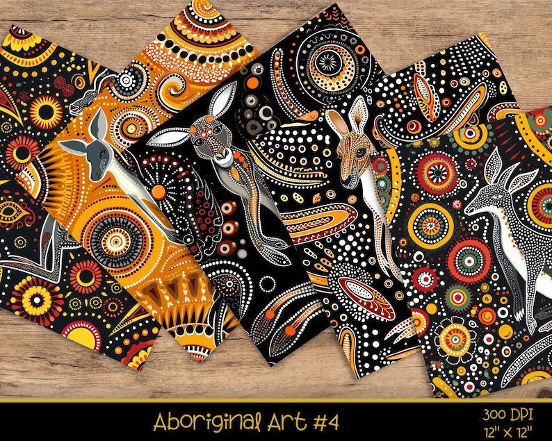 Puede incluir: Conjunto de seis dise&ntilde;os de papel digital con patrones de arte aborigen en negro, blanco, amarillo, rojo y verde. Los patrones incluyen c&iacute;rculos, puntos y l&iacute;neas, y presentan canguros y otros animales. Los papeles miden 30,5 cm por 30,5 cm y 300 DPI.