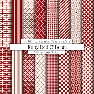 Pode incluir: Uma coleção de 20 papéis digitais sem costura em vermelho rubi e bege, cada um com 30,48 cm x 30,48 cm. Os padrões incluem listras, bolinhas, formas geométricas e pied-de-poule. O texto na imagem diz "Ruby Red & Beige" e "Pattern Oasis Gallery".