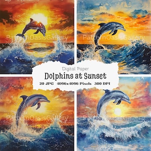 Delfini al tramonto Arte digitale, 20 JPG di alta qualità, Immagini di delfini ad acquerello, Clipart di delfini, Diario spazzatura, Arte murale, Tramonto