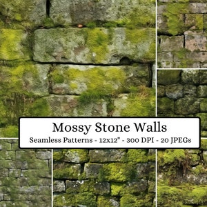 20 Mossy Stone Walls Seamless Patterns - Instant Download, Commercial Use, Scrapbooking, Digital Paper, Printable Paper, Stone Wall Texture