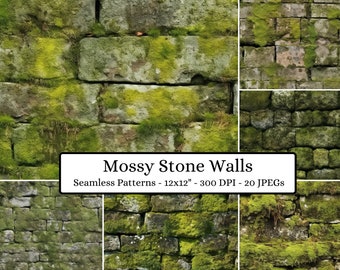 20 Mossy Stone Walls Seamless Patterns - Instant Download, Commercial Use, Scrapbooking, Digital Paper, Printable Paper, Stone Wall Texture