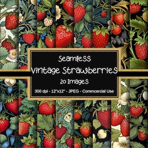 May include: A digital collage of 20 seamless patterns featuring vintage illustrations of strawberries, leaves, and flowers on a dark background. The patterns are 12 inches by 12 inches and 300 dpi.