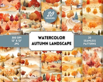 Autumn Landscape Digital Paper - Printable Paper, Scrapbooking, Instant Download, Seamless Autumn Background, Autumn Day, Halloween, Warm