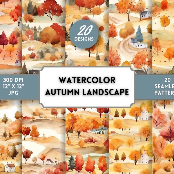 Autumn Landscape Digital Paper - Printable Paper, Scrapbooking, Instant Download, Seamless Autumn Background, Autumn Day, Halloween, Warm