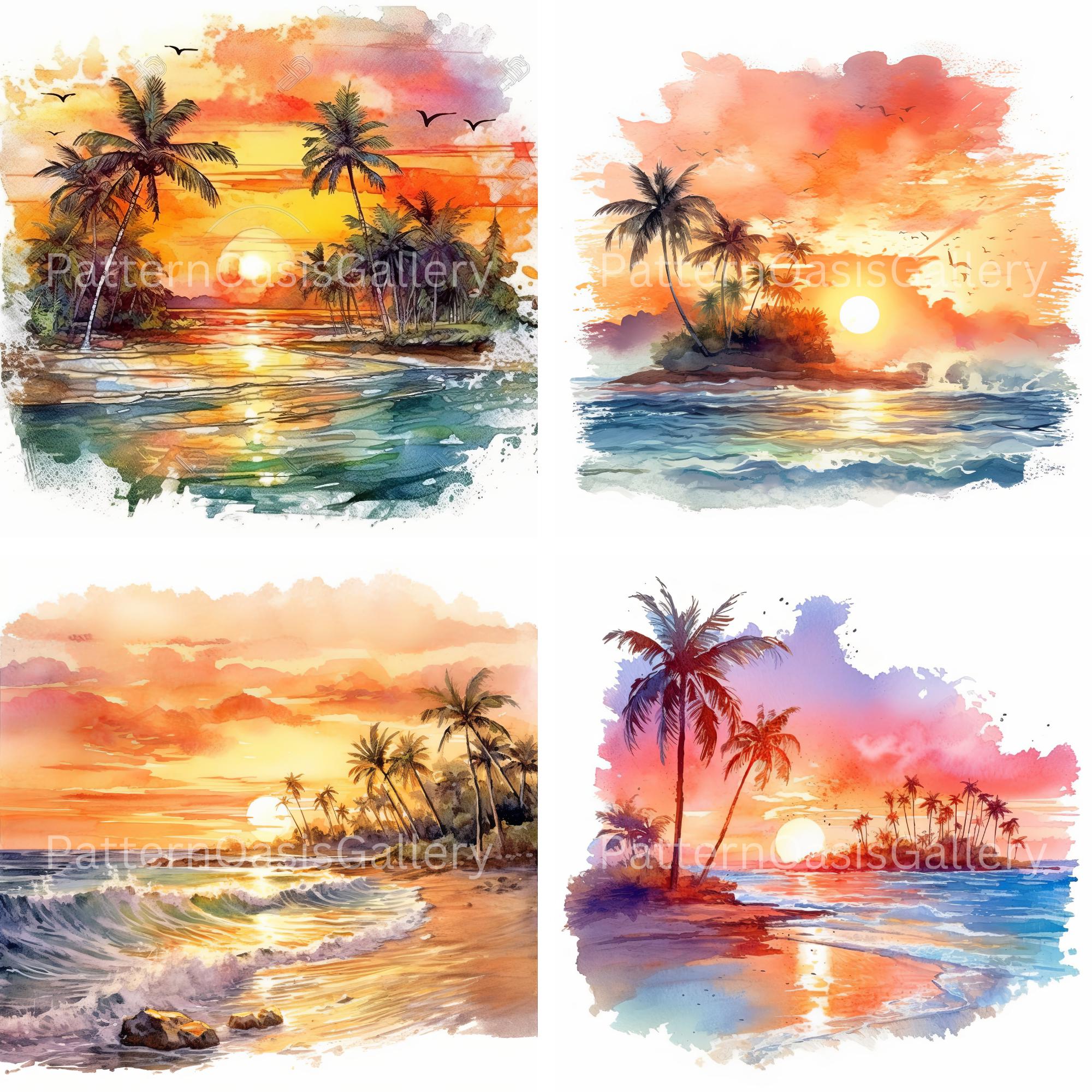 20 Tropical Sunset Clipart, Watercolor Sunset Images, Beach Landscape ...