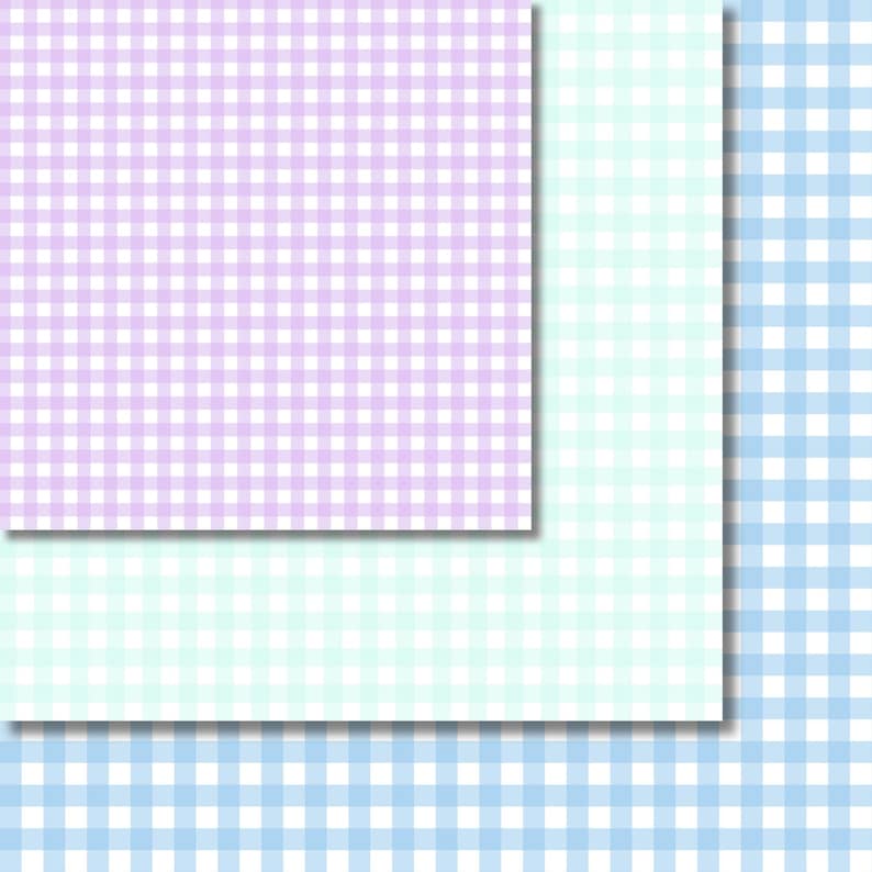 K&ouml;nnte beinhalten: Drei Gingham-Muster in verschiedenen Farben: helllila, hellgr&uuml;n und hellblau. Die Muster sind alle gleich gro&szlig; und haben einen wei&szlig;en Hintergrund.