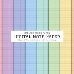 May include: Digital note paper with college ruled lines in eight pastel colors: pink, purple, blue, green, yellow, and orange. The text on the image reads "COLLEGE RULED PAPER DIGITAL NOTE PAPER 8 Colors & White - Letter Size & A4 - 9/32" (7.1mm) Spacing."
