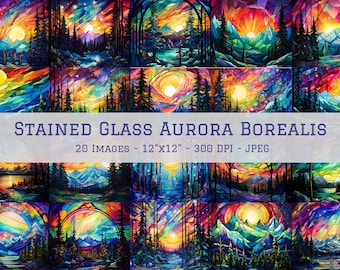 Gebrandschilderd glas Aurora Borealis digitaal papier, Aurora gebrandschilderd glas achtergrond, 20 ontwerpen, 12 x 12 inch, glas-in-lood sublimatie, commercieel gebruik