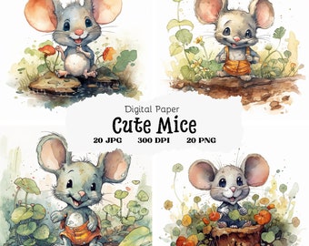 20 Cute Mice Clipart, Mouse Clipart, Cute Mice Images, 20 Mouse Designs, Printable Watercolor Clipart, Wall Art,High Quality JPGs & PNGs,#24