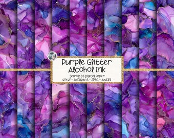 Purple Alcohol Ink Digital Paper Bundle, Seamless Glitter Marble Patterns (Digital Download)