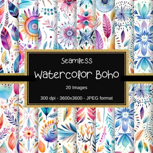 Könnte beinhalten: 20 nahtlose Aquarellmuster im Boho-Stil mit Blumen, Blättern und Federn. Die Muster sind in Blautönen, Rosa, Gelb und Grün auf weißem Hintergrund. Der Text "Seamless Watercolor Boho" wird in einem goldenen Rahmen angezeigt.