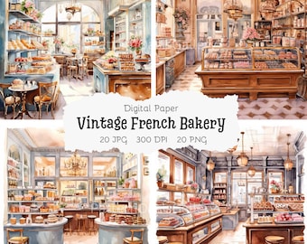Vintage French Bakery Watercolor Clip Art, Commercial Use (JPG & PNG)