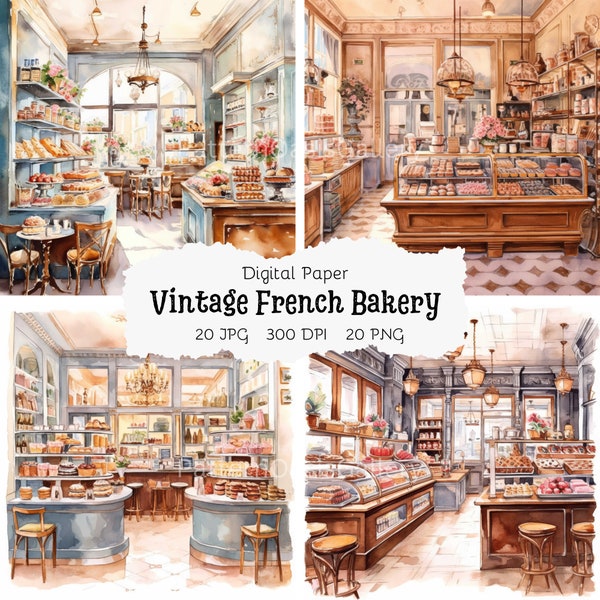 Vintage French Bakery Cafe Clip Art, 20 High Quality Designs, JPG & PNG, Digital Planner, Journaling, Commercial Use, Watercolor,Bakery, #93