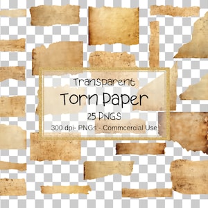 Clipart di carta strappata, 25 file PNG trasparenti, Texture vintage, Bordi strappati PNG, Clipart di carta Scrapbooking, Vecchia carta vintage, Diario spazzatura