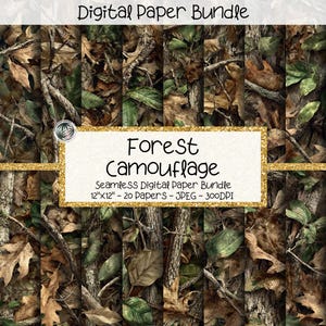 May include: A digital paper bundle featuring a forest camouflage pattern. The design includes various shades of brown, green, and tan, mimicking leaves, branches, and bark. The bundle includes 20 seamless digital papers, each 12"x12" in size.