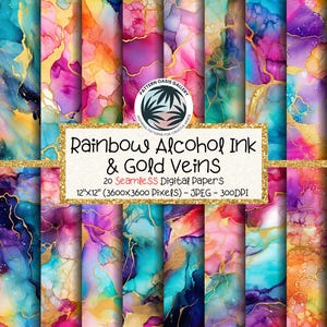 Alkohol Tinte SEAMLESS Regenbogen Muster, Alkohol Tinte Digitales Papier, 20 Designs, 12 x 12 Zoll, kommerzielle Nutzung, Alkohol Tinte Sublimation, Goldadern