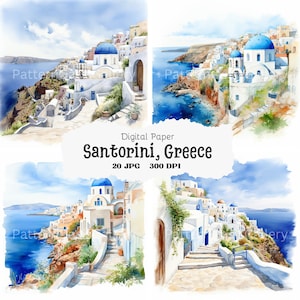 20 Santorini Grecia Clipart, Estate in Grecia, Vacanze in Grecia, Clipart acquerello stampabile, JPG di alta qualità, Lavori di carta, Estate greca