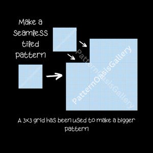 K&ouml;nnte beinhalten: Ein Diagramm, das zeigt, wie man ein nahtloses Kachelmuster erstellt. Ein kleines blaues und wei&szlig;es Gingham-Muster wird in einem 3x3-Raster wiederholt, um ein gr&ouml;&szlig;eres Muster zu erstellen.