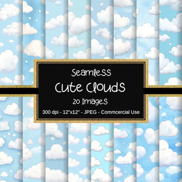 Papier numérique aquarelle ciel nuageux - téléchargement immédiat, papier de scrapbooking, fond aquarelle, usage commercial, 20 motifs de nuages