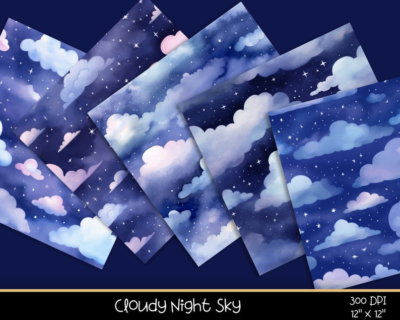 Cloudy Night Seamless Digital Paper, Watercolor Cloudy Night Patterns ...