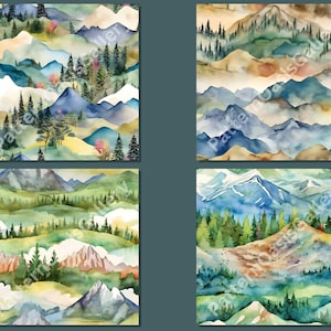 Op de afbeelding: Een naadloos patroon met aquarel illustraties van bergen, bomen en wolken. De bergen zijn geschilderd in tinten blauw, groen en bruin, met witte sneeuwtoppen. De bomen zijn groen en bruin, en de wolken zijn wit en grijs. Het patroon is perfect voor gebruik in een verscheidenheid aan ontwerp projecten, zoals stof, behang en briefpapier.