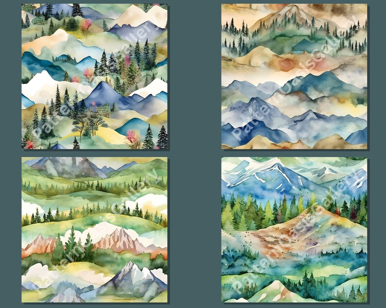Op de afbeelding: Een naadloos patroon met aquarel illustraties van bergen, bomen en wolken. De bergen zijn geschilderd in tinten blauw, groen en bruin, met witte sneeuwtoppen. De bomen zijn groen en bruin, en de wolken zijn wit en grijs. Het patroon is perfect voor gebruik in een verscheidenheid aan ontwerp projecten, zoals stof, behang en briefpapier.